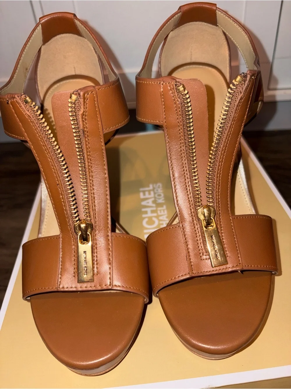 Michael Kors Tan Leather Platform T-Strap Sandals with Gold Zip